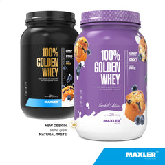 Maxler 100% Golden Whey powder with scoop for precise serving and quick mixing