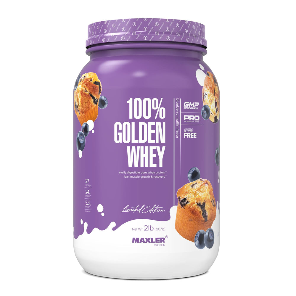 Maxler 100% Golden Whey blueberry muffin tub showing flavor and high-protein content