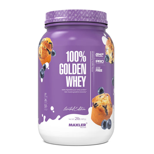 Maxler 100% Golden Whey blueberry muffin tub showing flavor and high-protein content