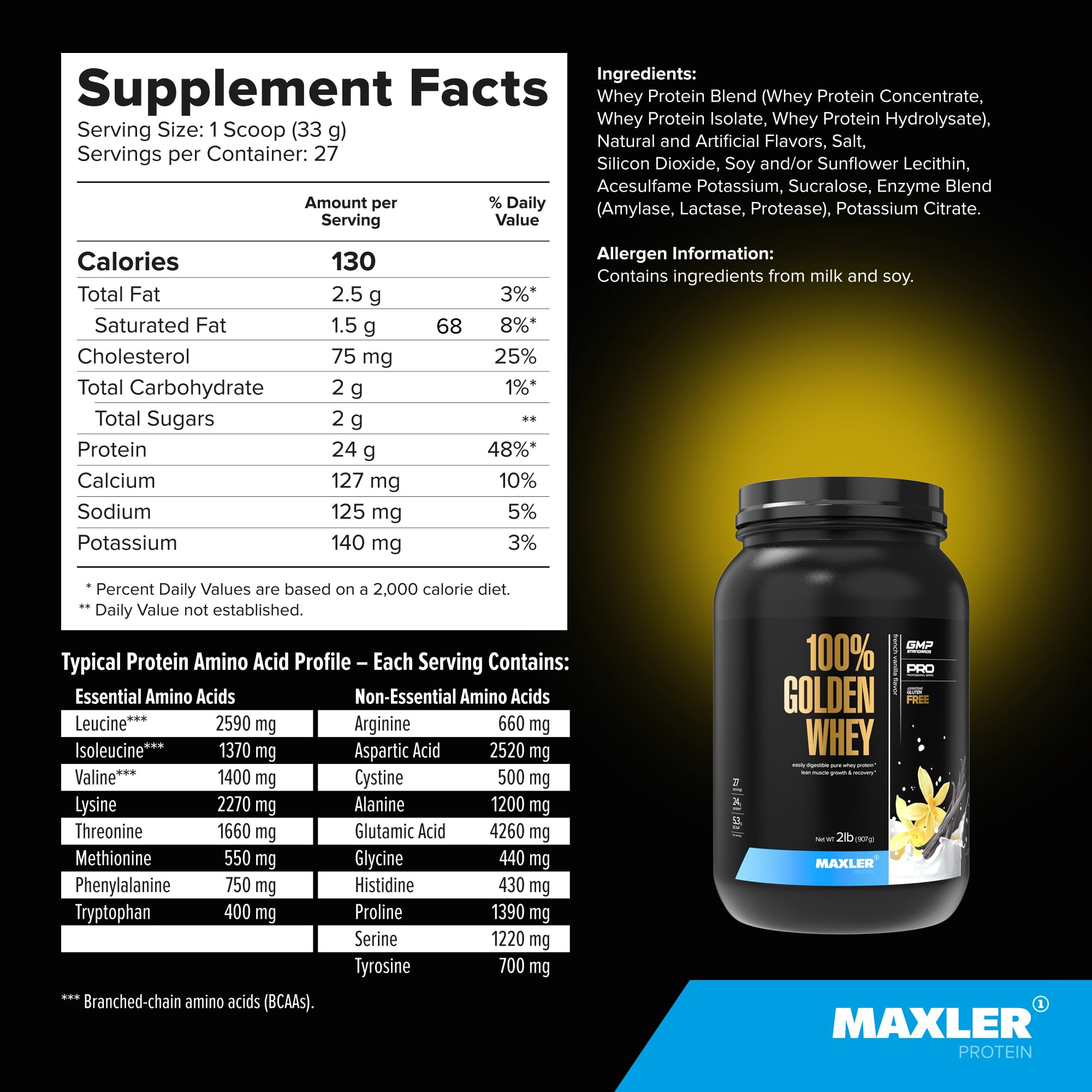 Packaging of Maxler 100% Golden Whey French Vanilla shows its enzyme blend.