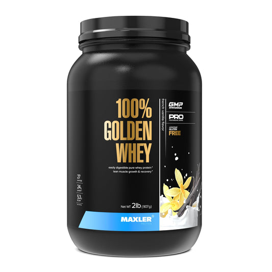 Maxler 100% Golden Whey French Vanilla tub ready for a protein-packed routine.