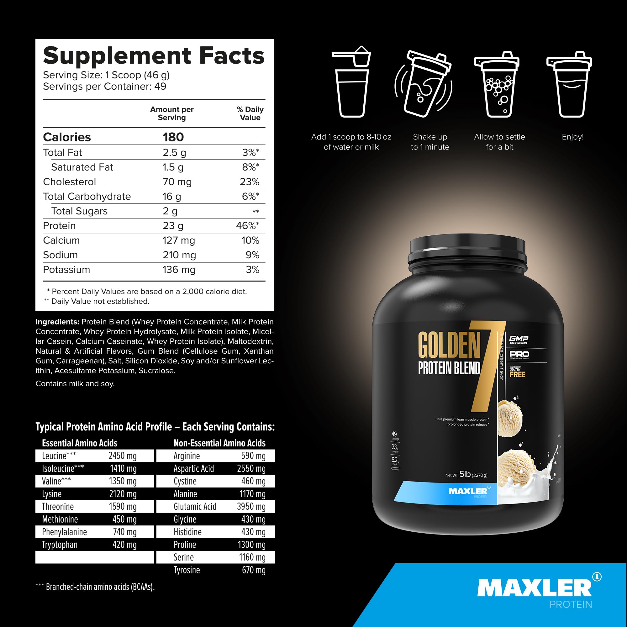 Maxler Golden 7 vanilla-protein shake ideal as a breakfast or snack.