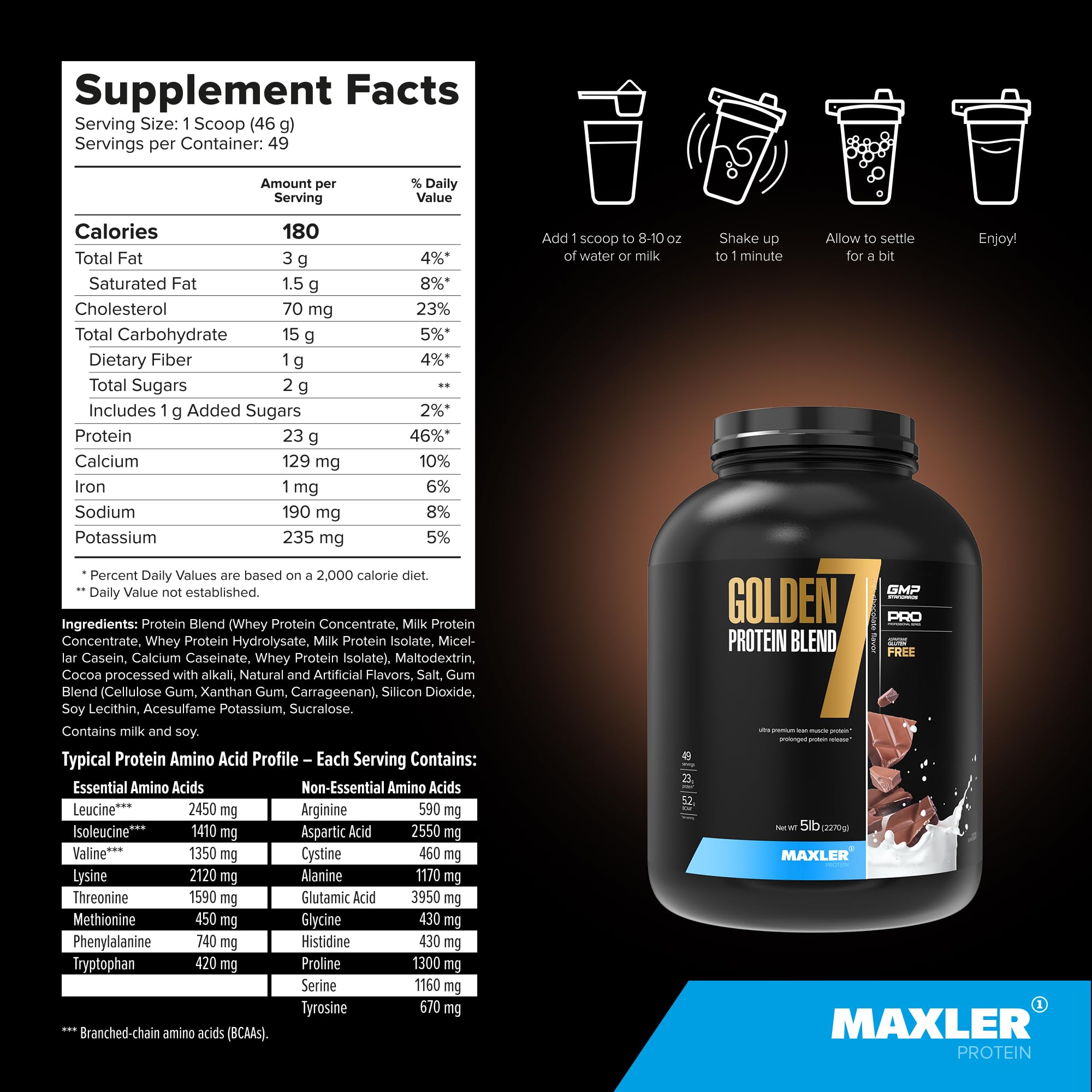 Maxler Golden 7 milk-chocolate flavor image for tasty daily protein.