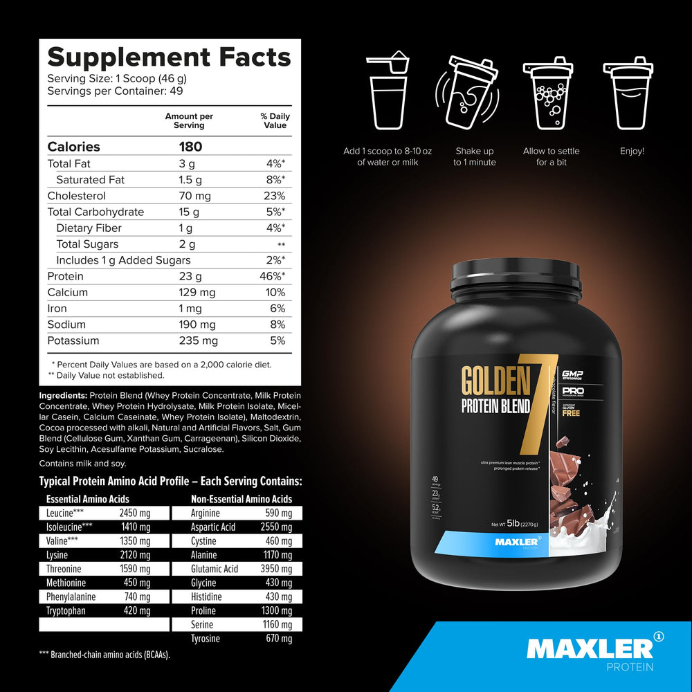Maxler Golden 7 milk-chocolate flavor image for tasty daily protein.