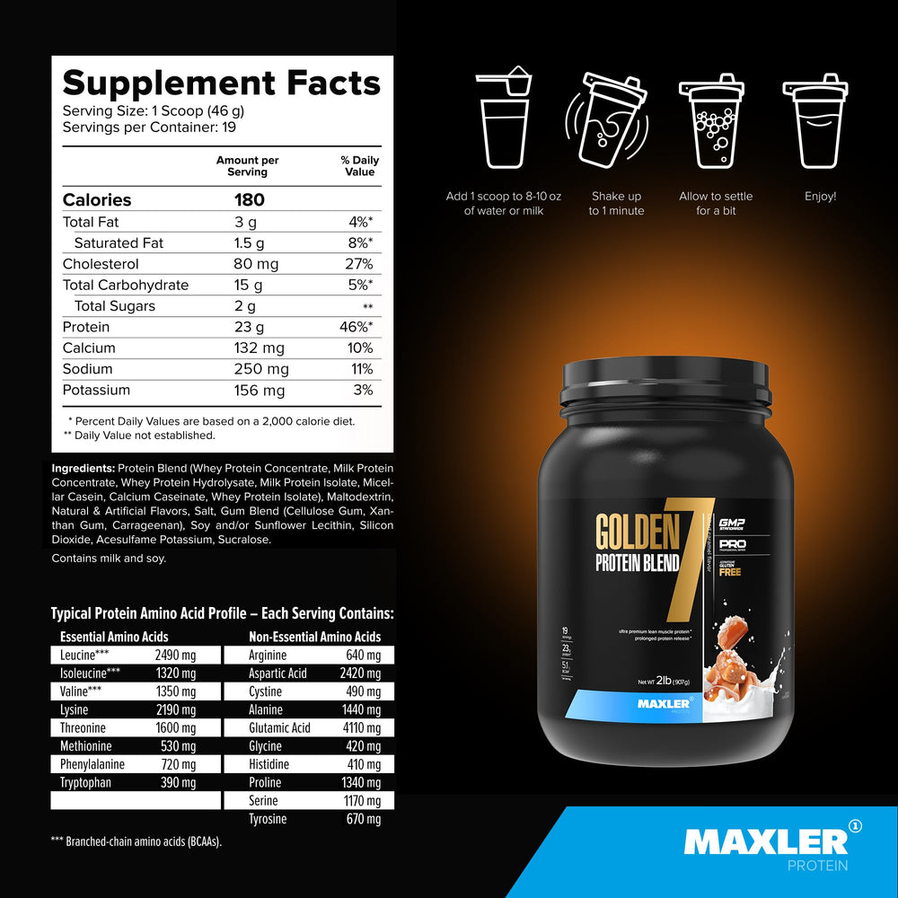 Maxler Golden 7 nutrition panel close-up shows high protein and amino acids.