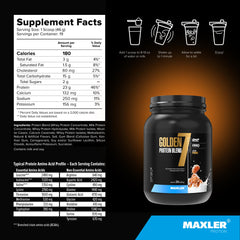Maxler Golden 7 nutrition panel close-up shows high protein and amino acids.