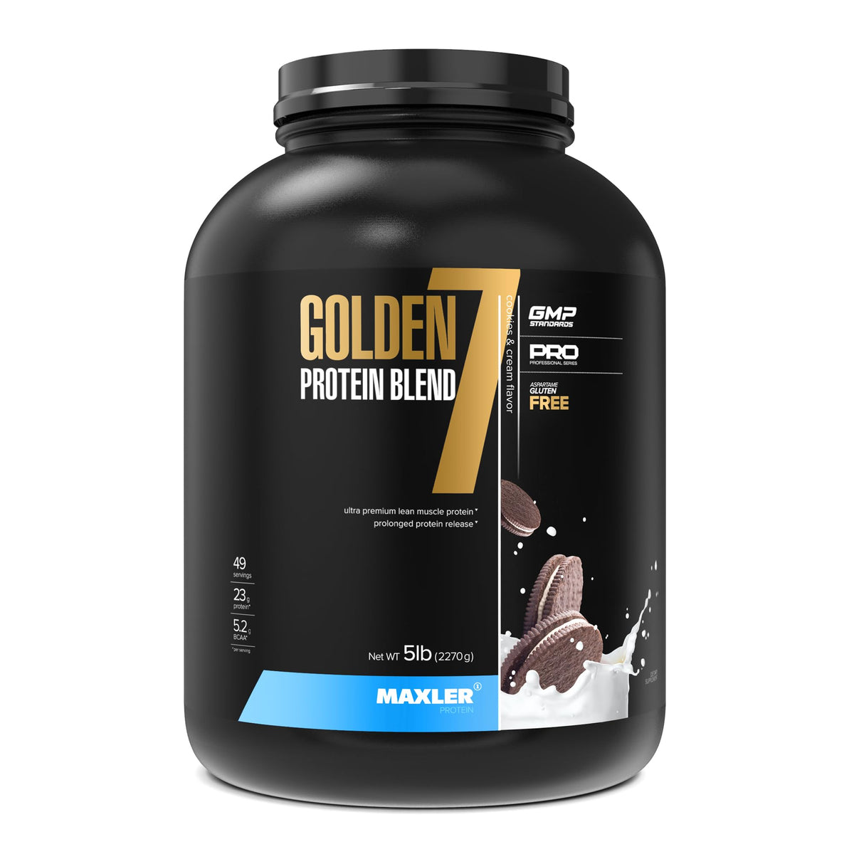 Maxler Golden 7 Cookies & Cream bottle showing premium dairy protein blend for recovery