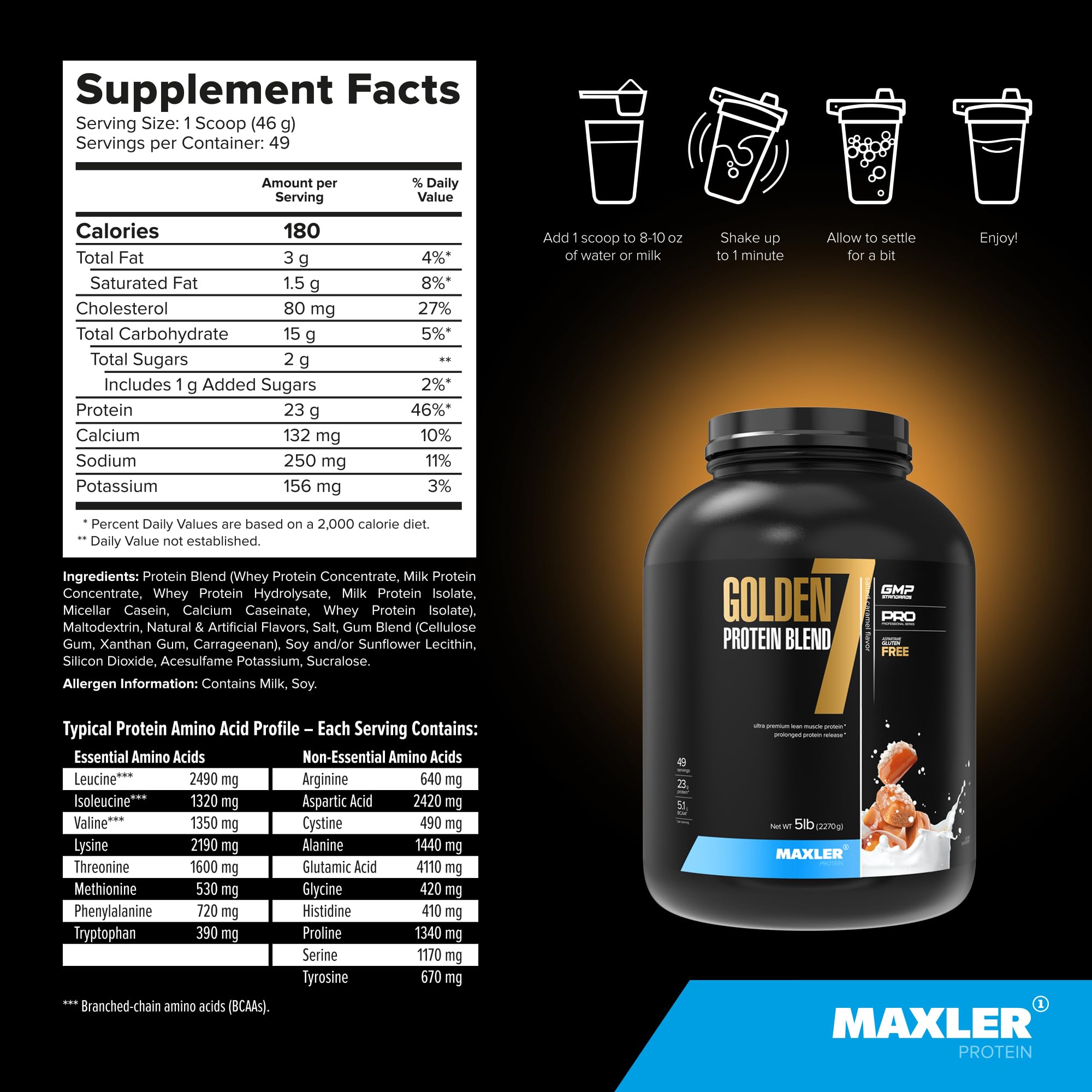 Maxler Golden 7 protein blend milk powder close-up highlighting protein richness