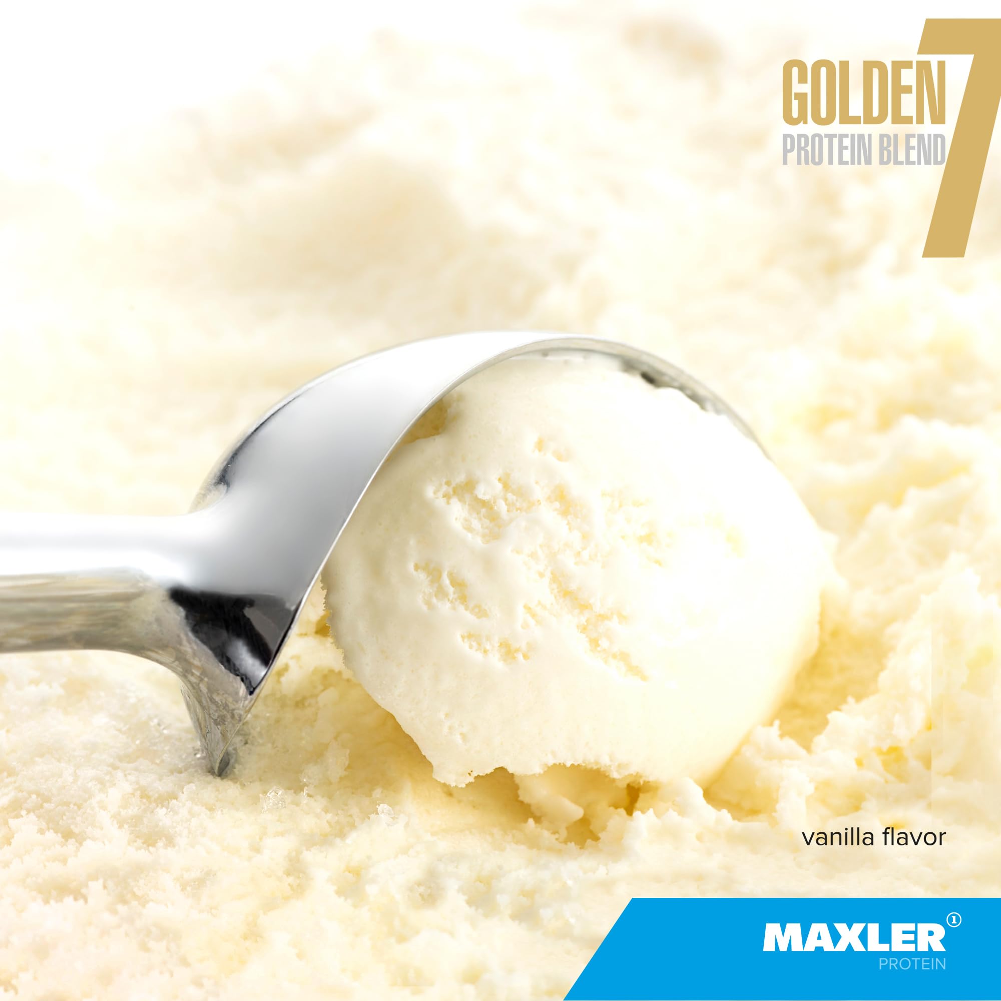 Maxler Golden 7 46g scoop ready to mix into shakes for protein intake.