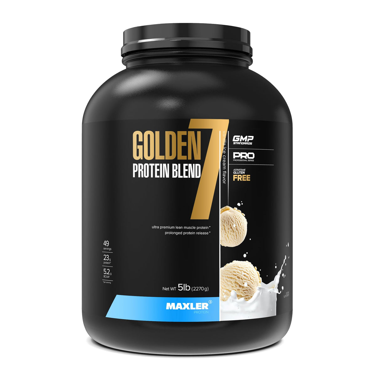 Maxler Golden 7 vanilla powder in a 5 lb container for versatile fueling.