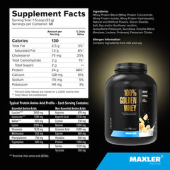 Maxler Golden Whey with glass of milk and scoops, showcasing rich texture.