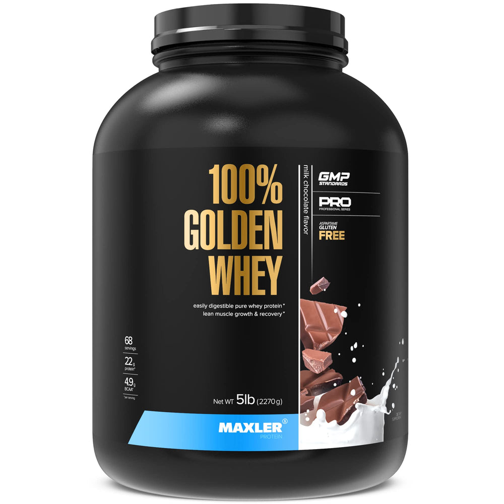 Maxler Golden Whey bottle highlights premium packaging for daily protein usage.
