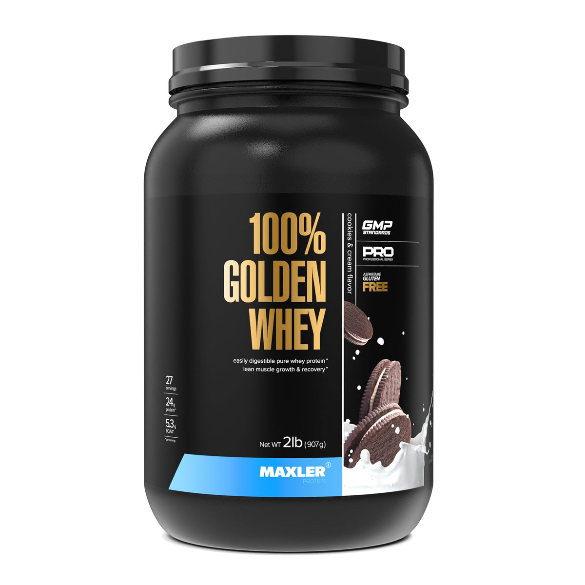 Maxler Golden Whey Cookies and Cream packaging highlights premium protein for daily fueling