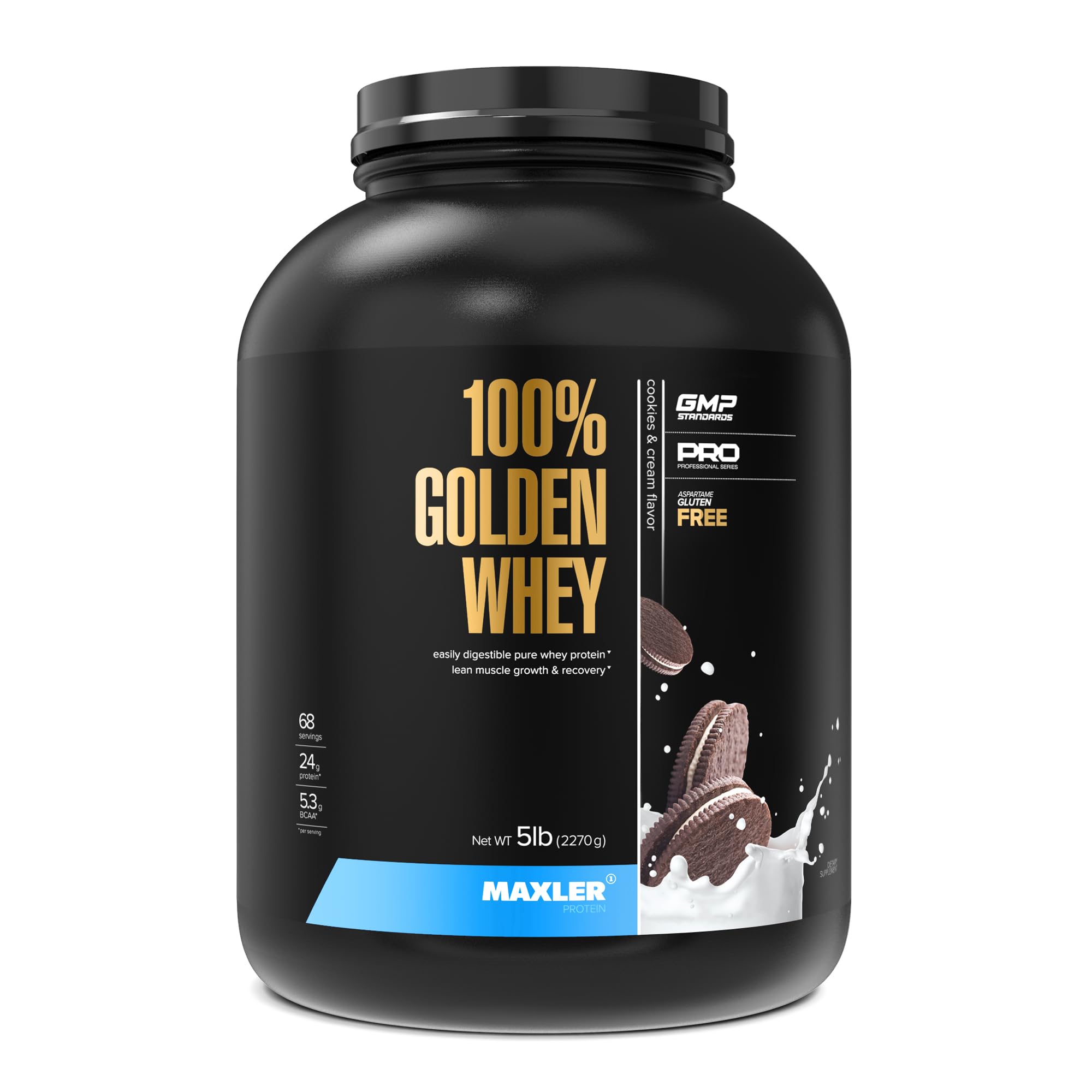 Maxler 100% Golden Whey packaging front highlights a high-protein formula for active recovery.