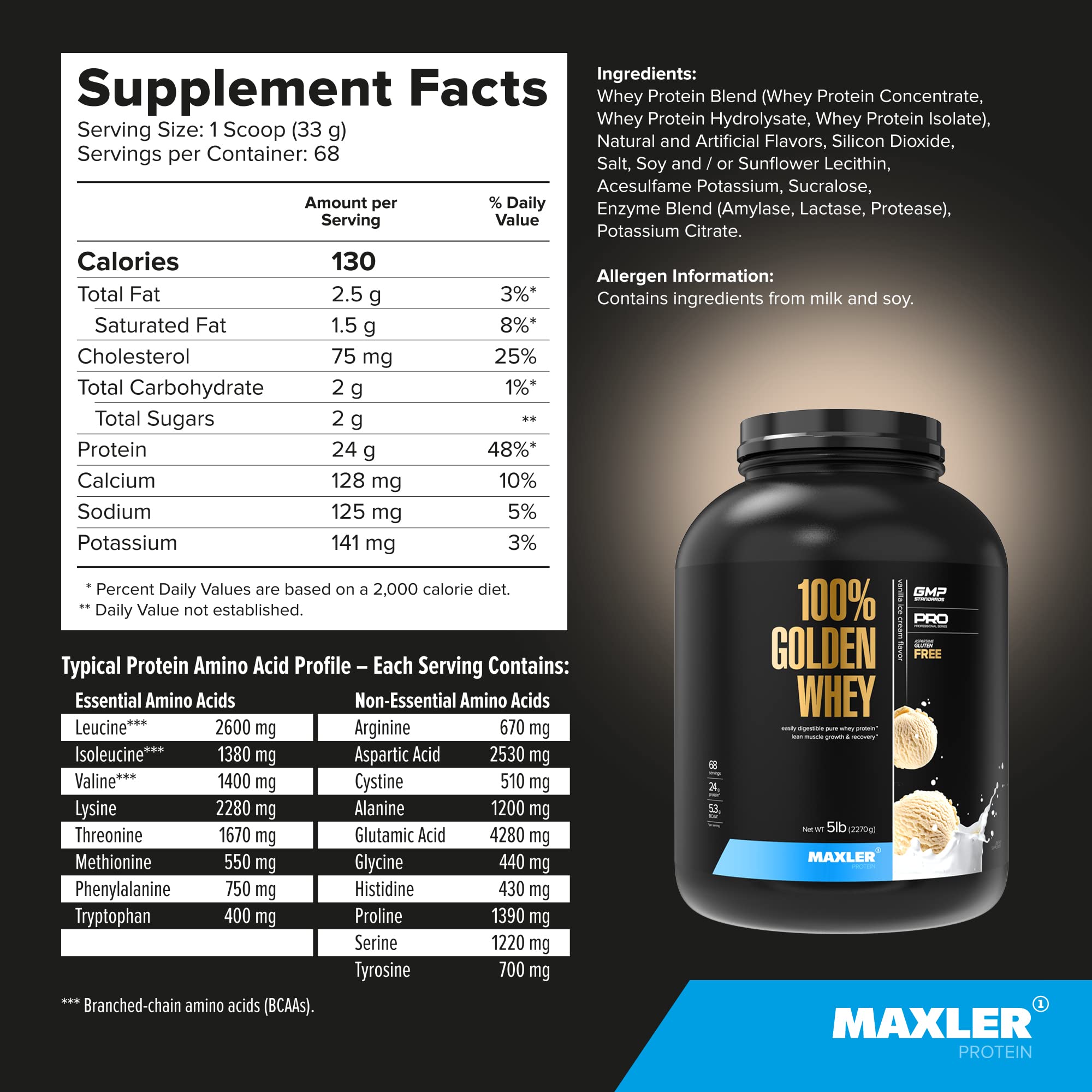 Maxler Golden Whey packaging made in USA with GMP standards