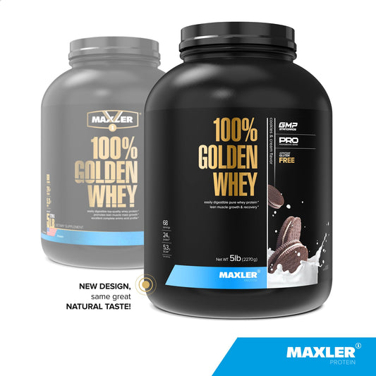 Maxler Golden Whey powder closeup emphasizes fine texture and quality ingredients.