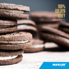 Maxler Golden Whey powder texture close-up reveals fine, fast-dissolving protein
