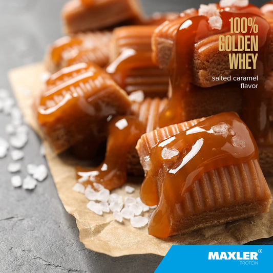 Pouring Maxler Golden Whey salted caramel shake into a glass