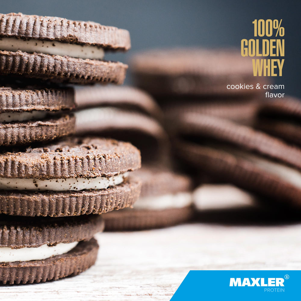 Maxler Golden Whey scoop dispensing image suggests convenient serving for workouts.