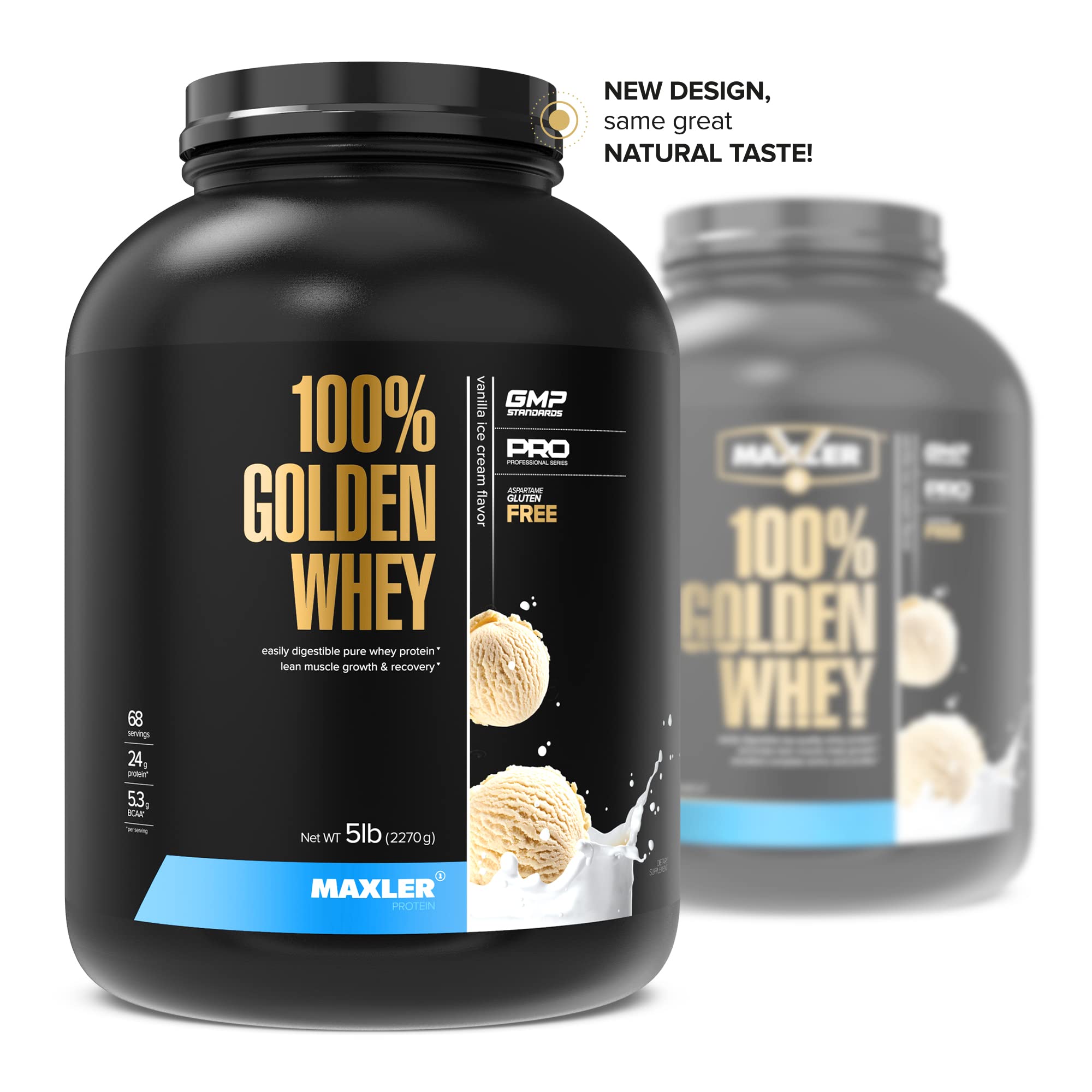 Maxler Golden Whey scoop pouring into shaker, easy to measure and mix