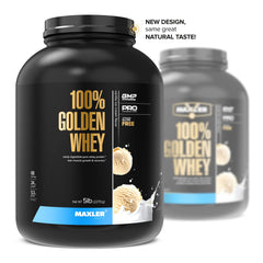 Maxler Golden Whey scoop pouring into shaker, easy to measure and mix