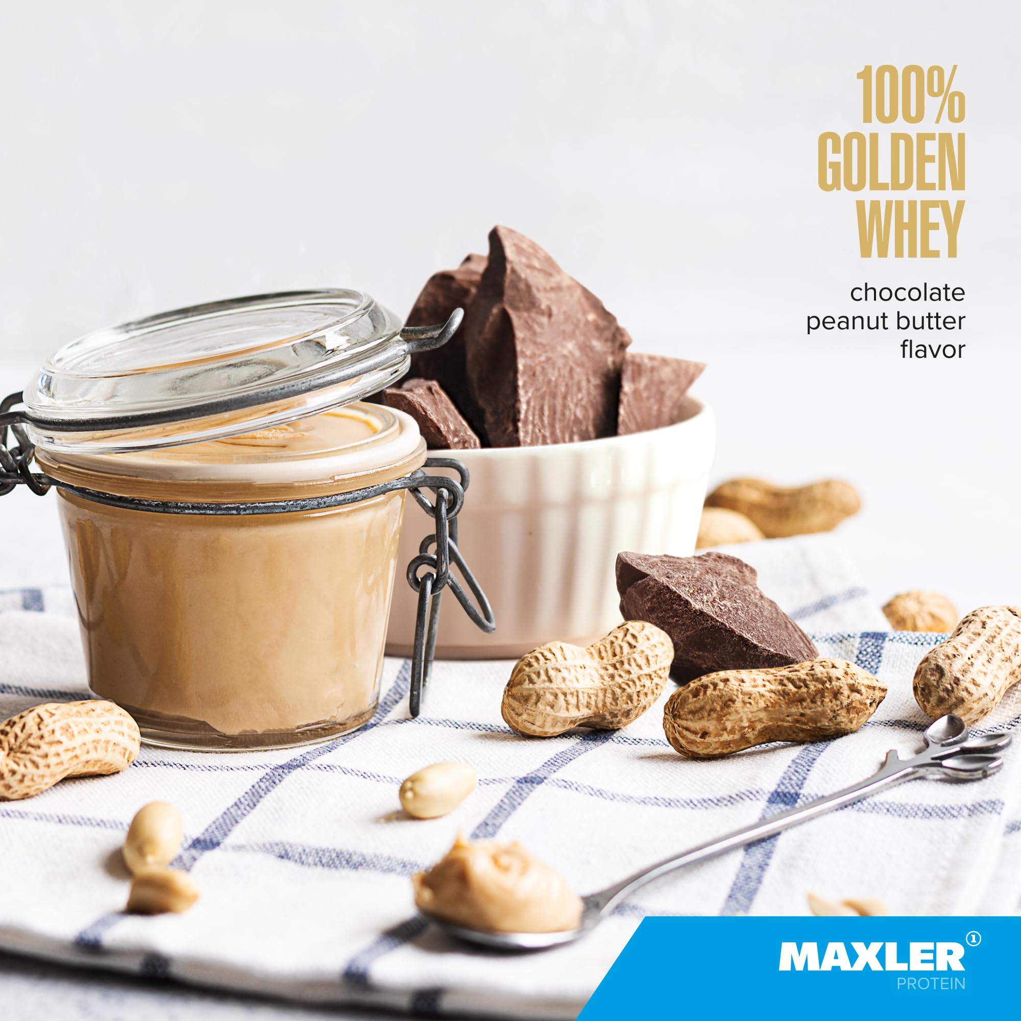 Maxler Golden Whey tub close-up emphasizes enzyme blend for easier digestion