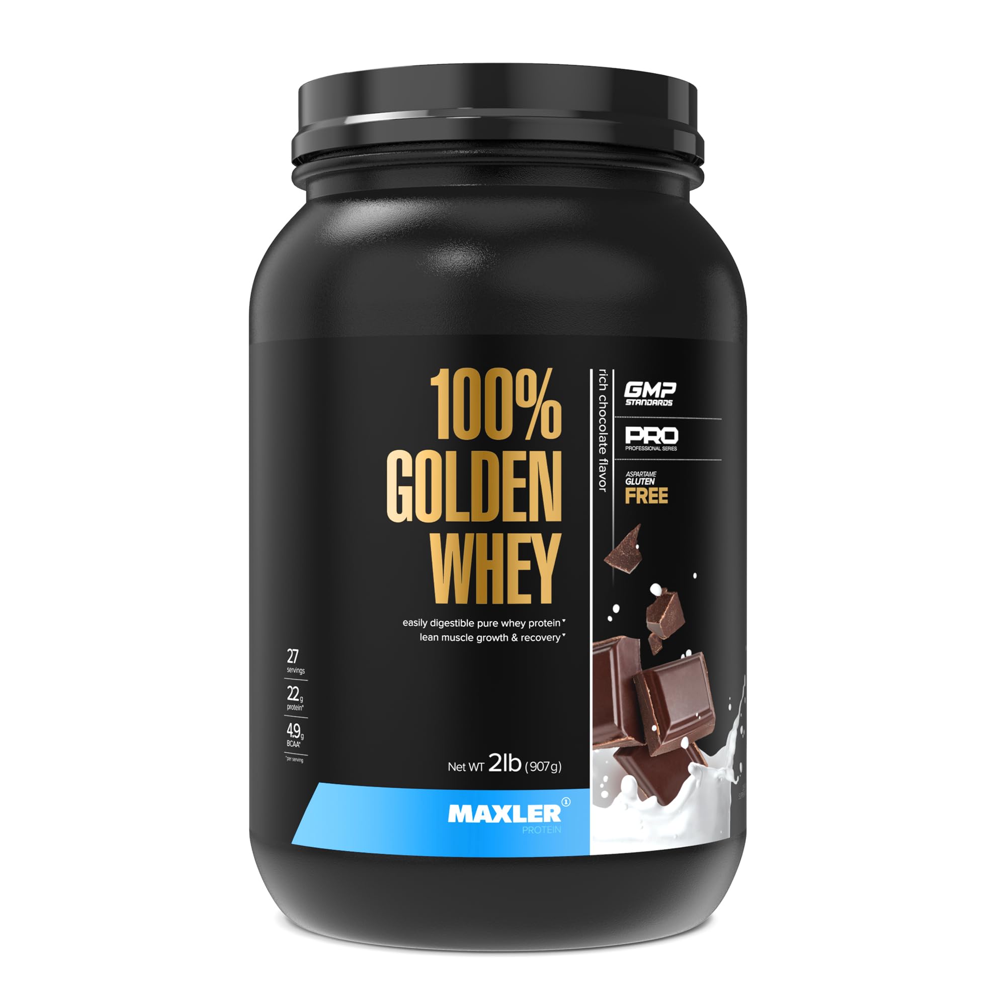 Maxler Golden Whey tub front showing premium protein blend for active days
