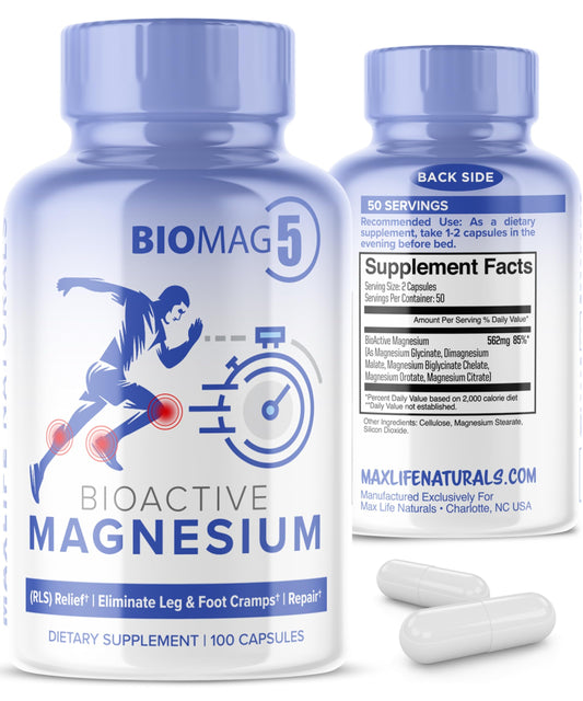 MAXLIFE NATURALS BioMag 5 bottle front for daily wellness and easy capsules