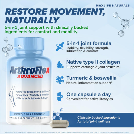 MAXLIFE NATURALS ArthroFlex Advanced capsules display natural ingredients for joint comfort.