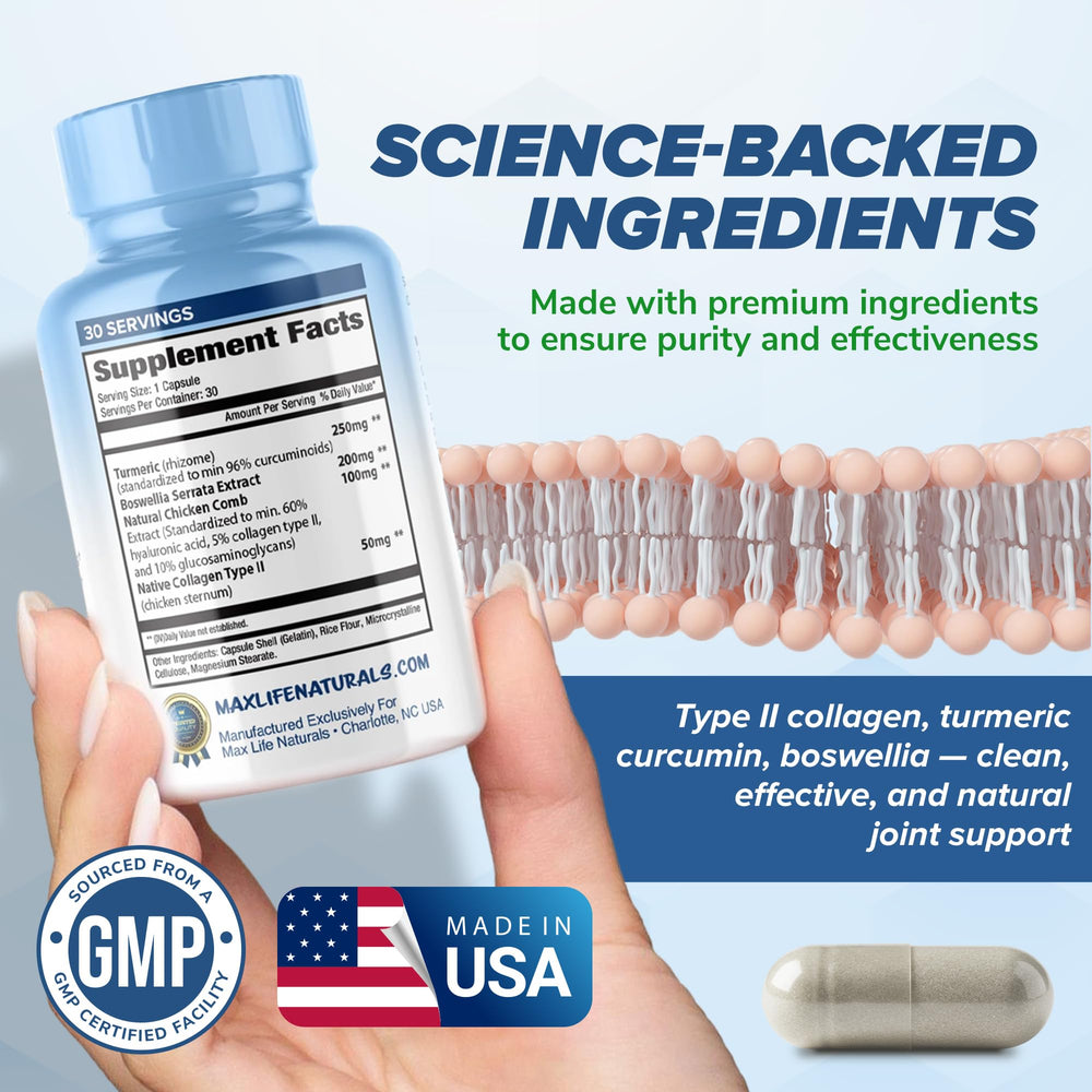 MAXLIFE NATURALS ArthroFlex Advanced turmeric and boswellia ingredients close-up.