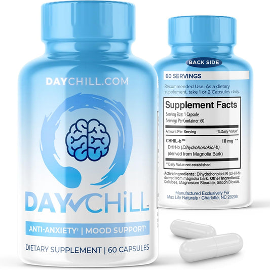 MAXLIFE NATURALS Chill Pill bottle front view showing the product for mood support and calm focus.