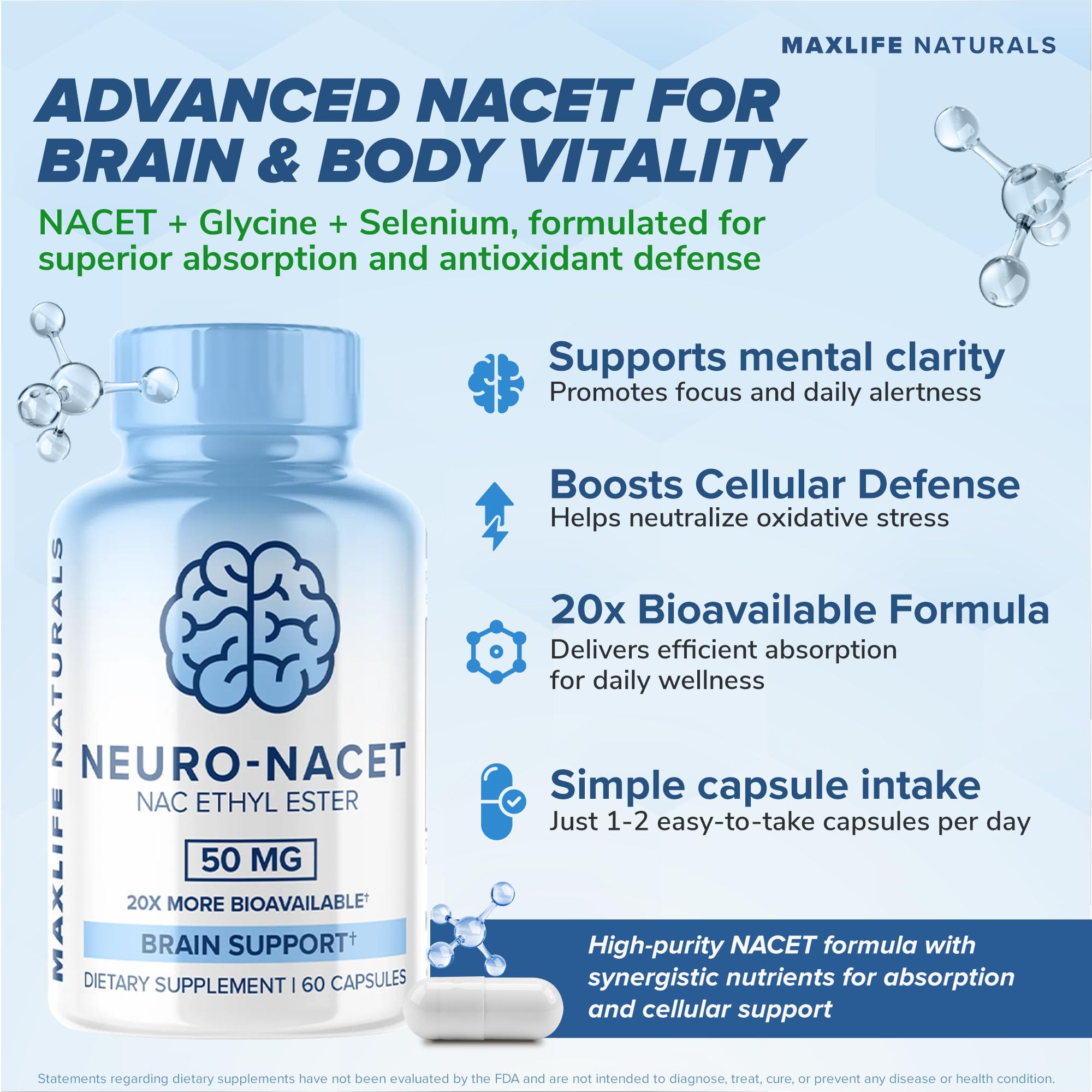 MAXLIFE NATURALS Neuro NACET capsules closeup shows easy daily dosage