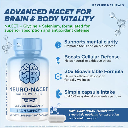 MAXLIFE NATURALS Neuro NACET capsules closeup shows easy daily dosage
