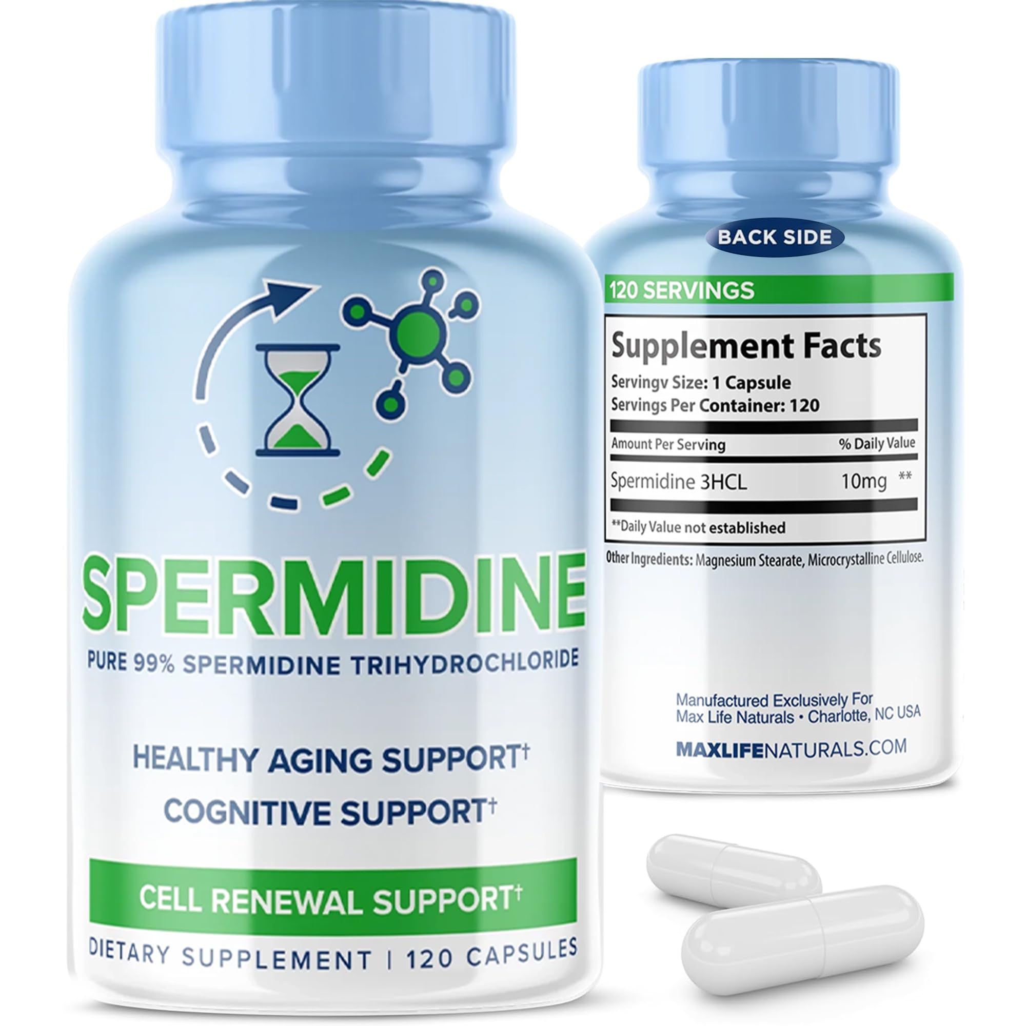 MAXLIFE NATURALS Pure Spermidine 3HCL bottle front promotes daily vitality