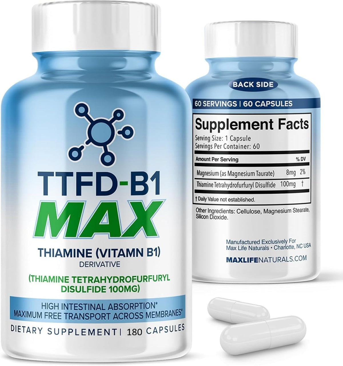 MAXLIFE NATURALS TTFD Thiamine B1 bottle and pour for energy support.