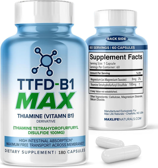 MAXLIFE NATURALS TTFD Thiamine B1 bottle and pour for energy support.