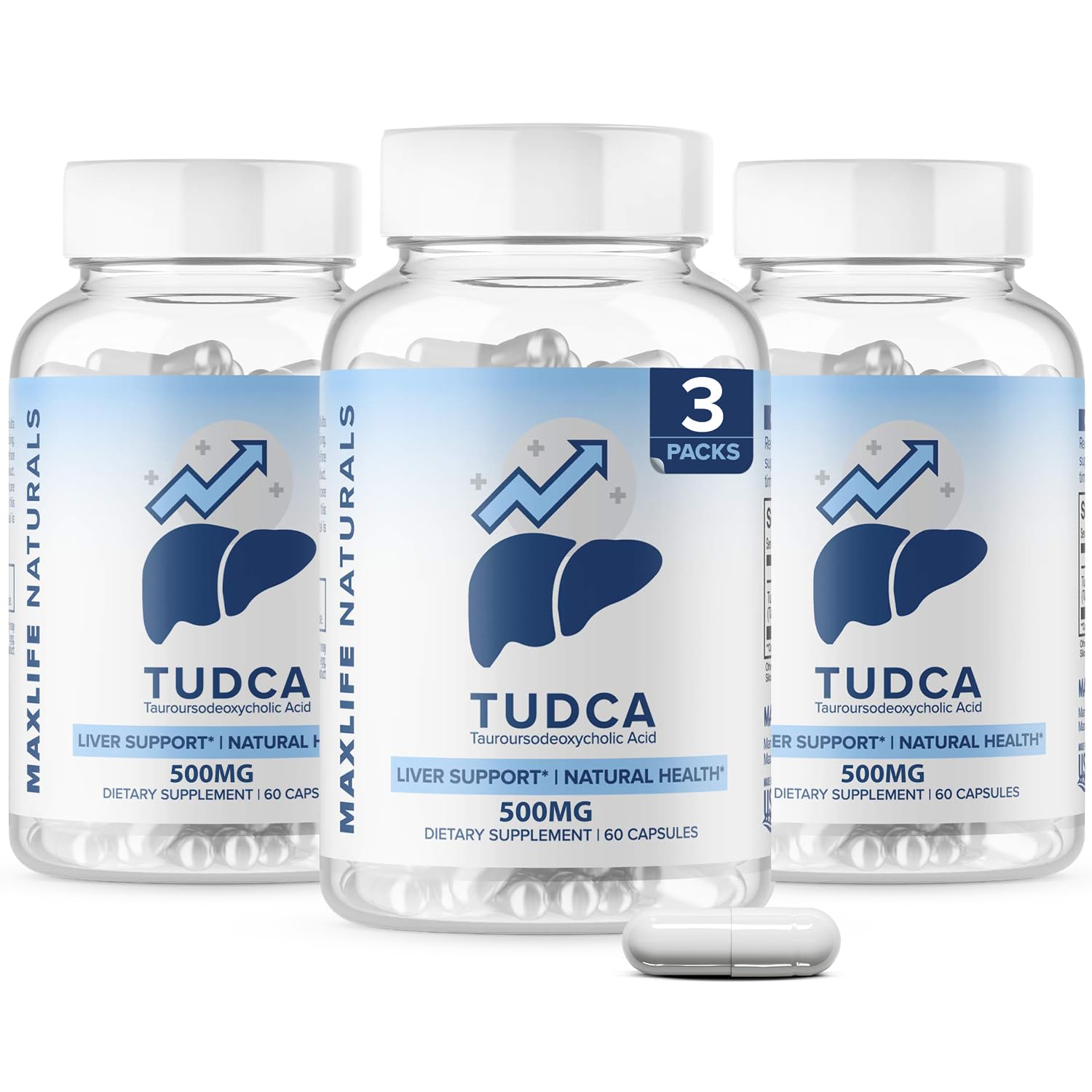 MAXLIFE NATURALS Tudca bottle label highlights 500 mg per capsule for liver support