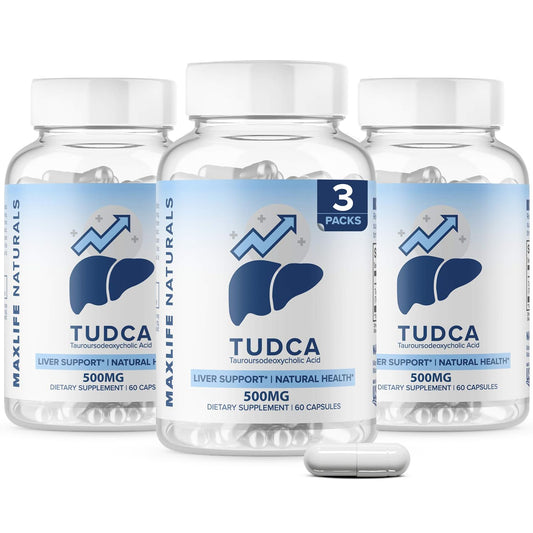 MAXLIFE NATURALS Tudca bottle label highlights 500 mg per capsule for liver support