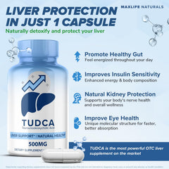 Close-up of MAXLIFE NATURALS Tudca capsules showing convenient daily dosage