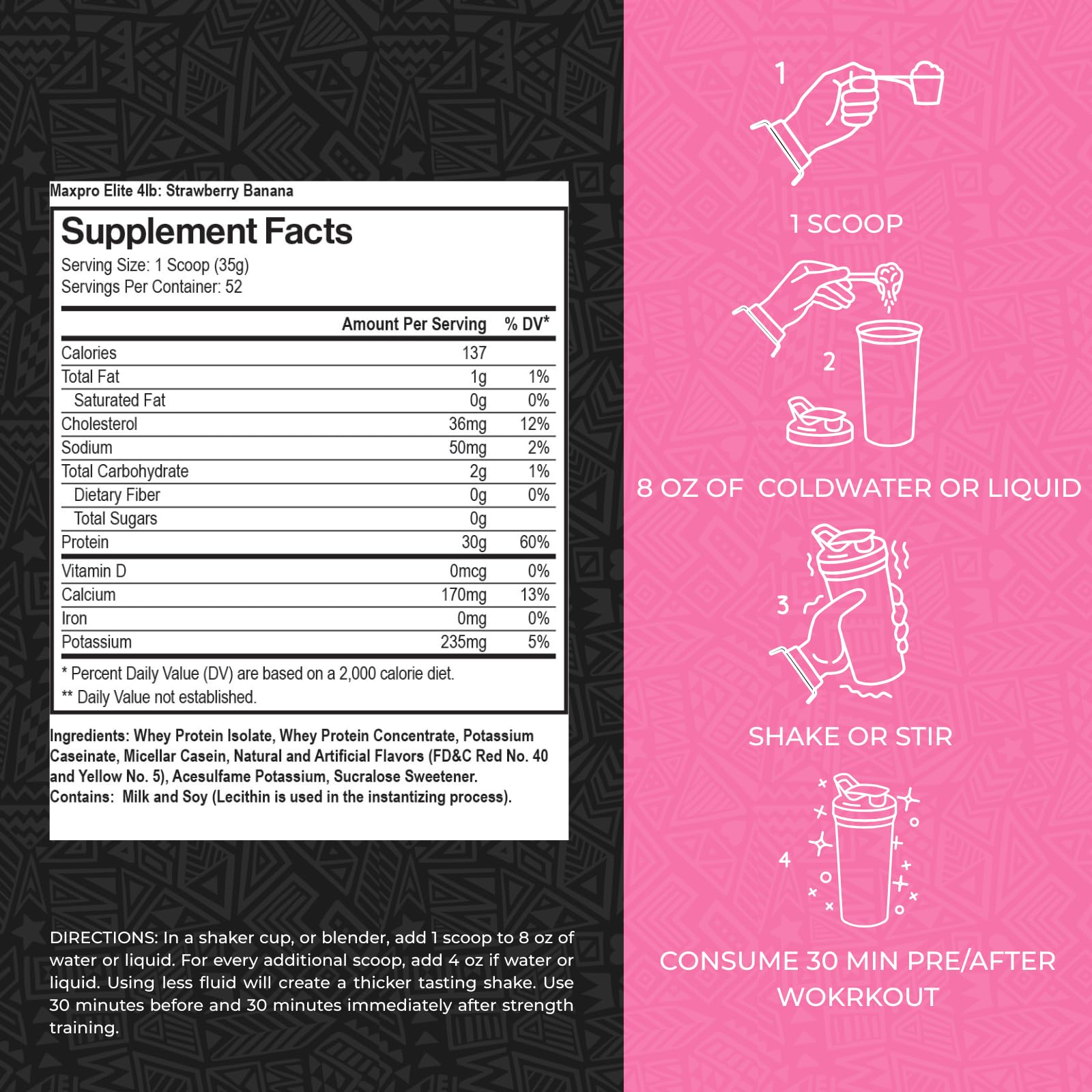 Max Muscle Maxpro Elite label closeup emphasizes low sugar formula and premium ingredients.
