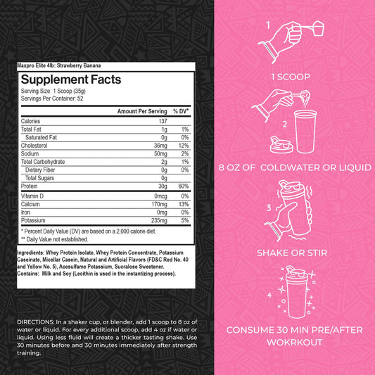 Max Muscle Maxpro Elite label closeup emphasizes low sugar formula and premium ingredients.