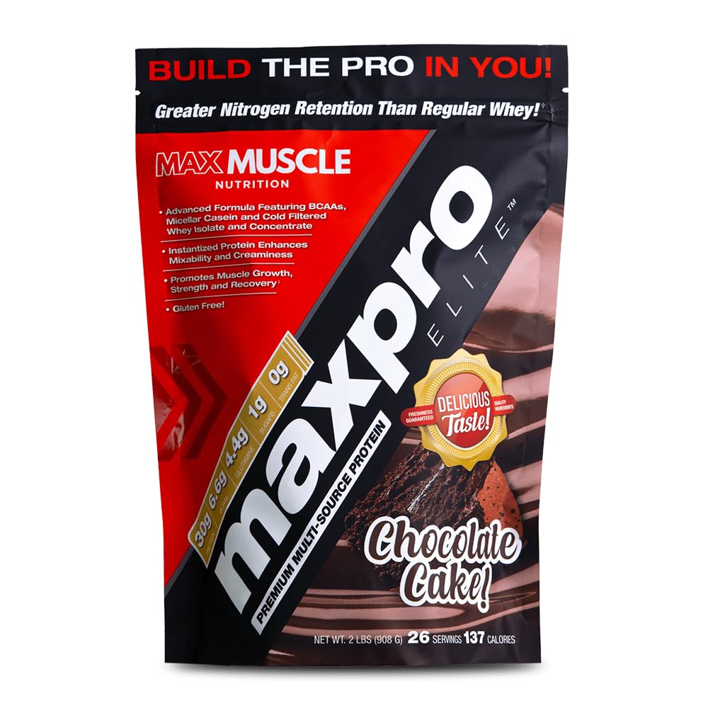 Max Muscle Maxpro Elite chocolate cake tub ready for post-workout recovery.