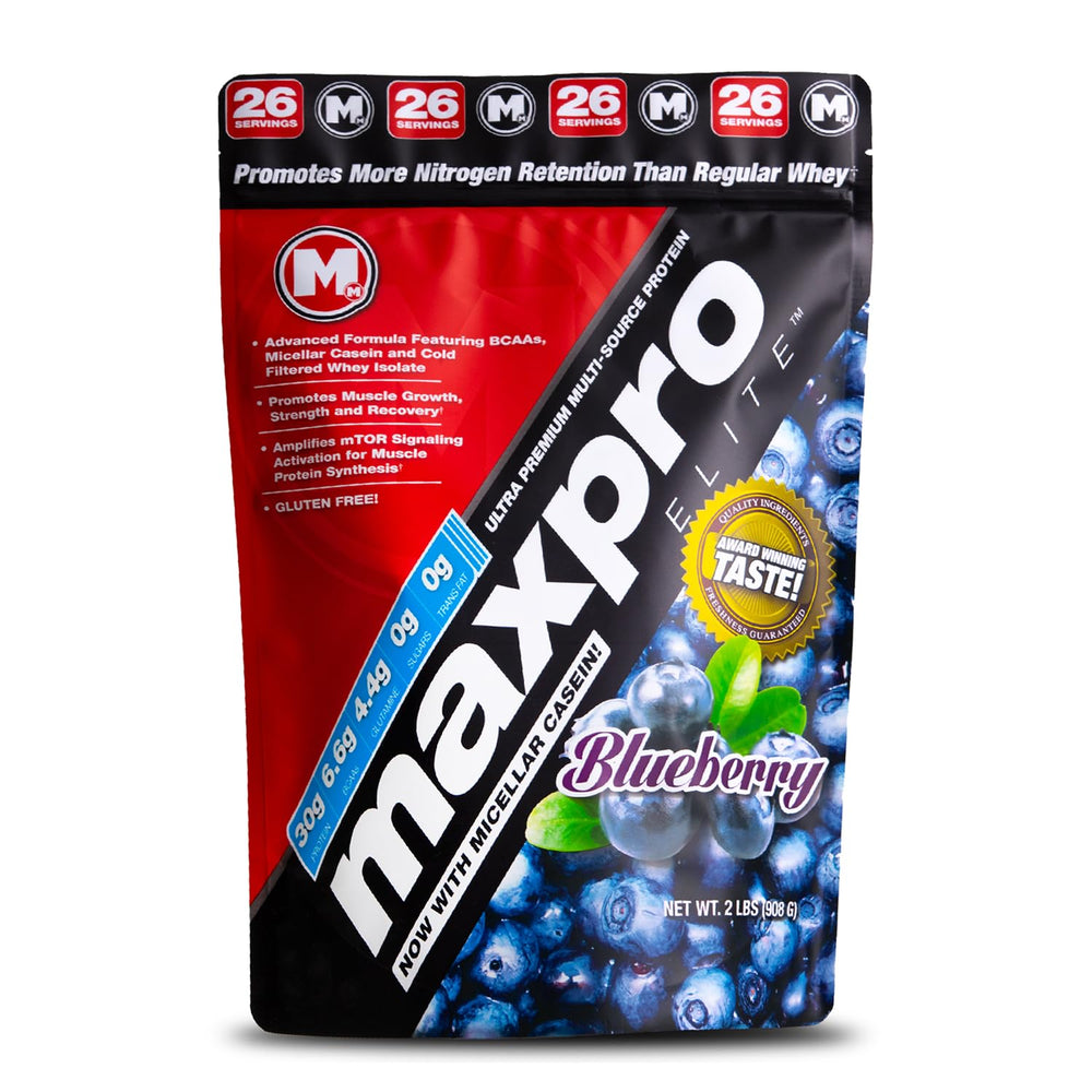 Max Muscle Maxpro Elite Whey Blueberry front label for post-workout fueling.