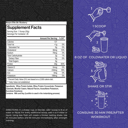 Max Muscle Maxpro Elite Blueberry shake image showing a quick post-workout protein option.