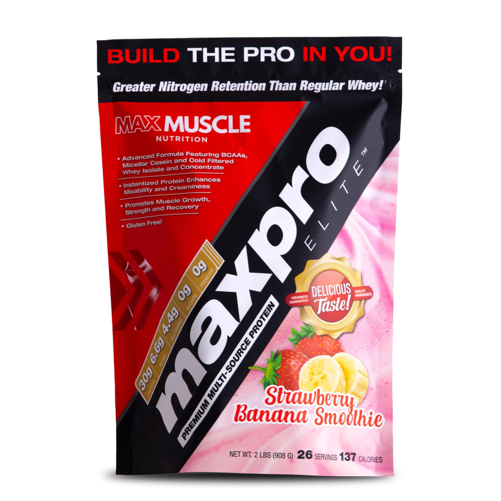 Max Muscle Maxpro Elite whey strawberry banana shake for post-workout recovery