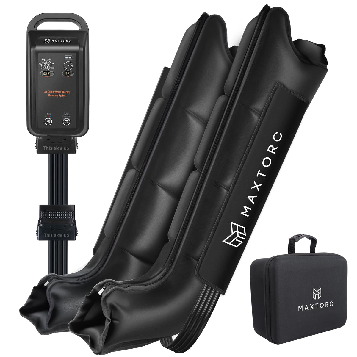 Maxtorc leg compression massager front view showing four-chamber system for full-leg relief