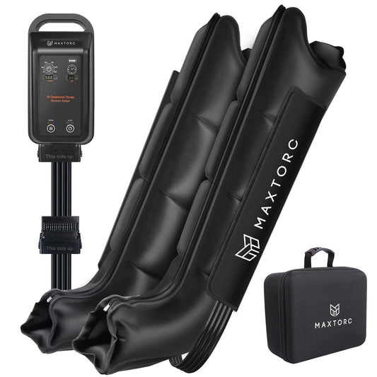 Maxtorc leg compression massager front view showing four-chamber system for full-leg relief