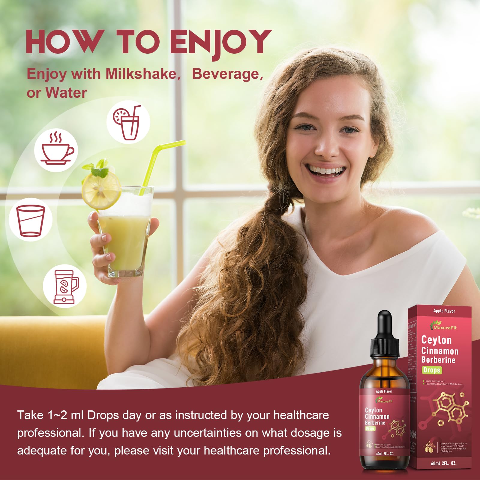 MaxuraFit drops being stirred into a beverage demonstrates convenient daily intake.