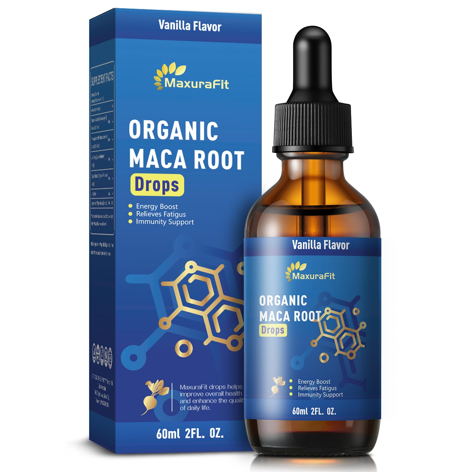 MaxuraFit maca-ashwagandha liquid drops bottle highlights a potent energy-boosting blend.