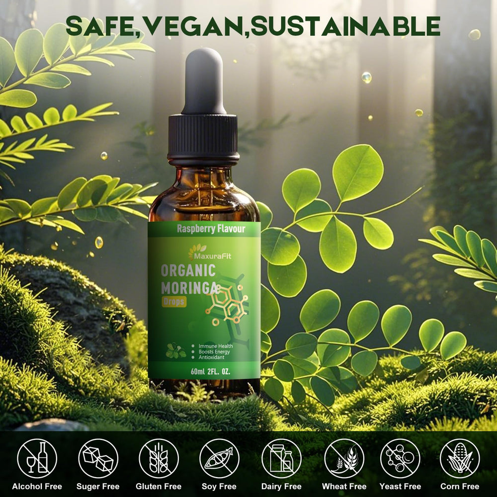 MaxuraFit Moringa Drops liquid close-up with moringa leaves for natural nutrition.